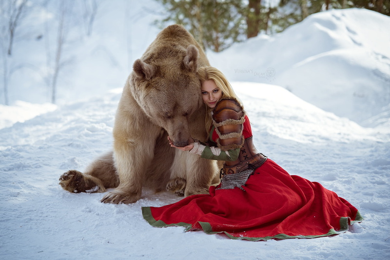 blonde, animals, fantasy girl, bears, women outdoors, long hair, 1080P, red dress, women, cosplay, on the floor, snow, outdoors, corset, dress, Darya Lefler