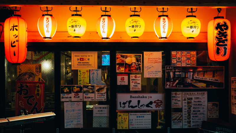 communication, illuminated, kiosk, non-western script, building, metropolis, restaurant, in a row, 5K, built structure, indoors, hanging, clock tower