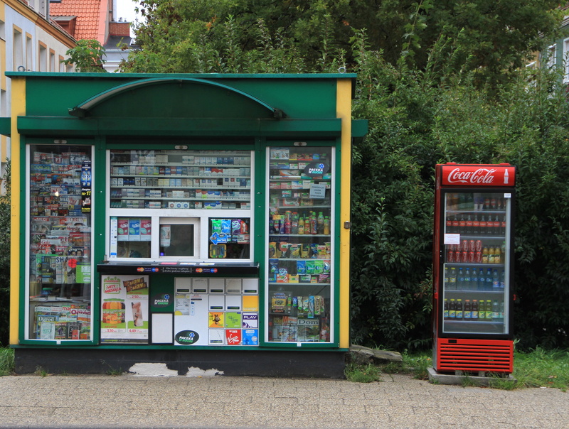 shopping, store, outdoors, street vending, text, built structure, technology, architecture, poland, no people, communication, kiosk, tree, vending machine