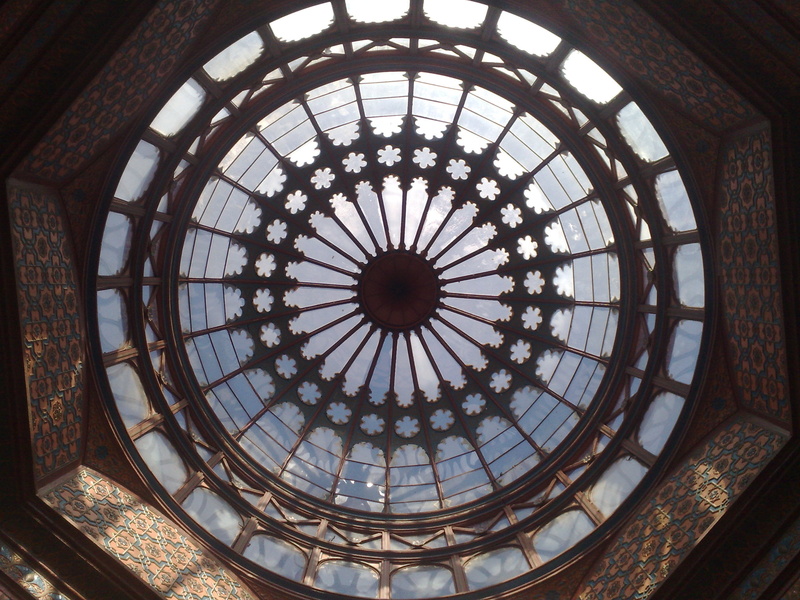 geometric shape, indoors, pattern, skylight, moorish kiosk, dome, sun, glass - material, circle, 2K, day, ceiling, architectural feature, kiosk, architecture and art