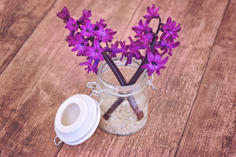 placed, food, purple, hyacinth, fragility, flowers, bouquet, container, fragrant, spring flower, flower, wood - material, pink, lavender, close-up, mason