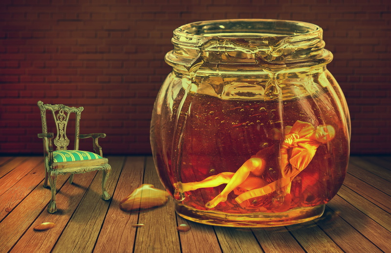 food, wood - material, table, woman, photomanipulation, 4K, creativity, spice, still life, underwater, art and craft, girl, honey jar, container, food and drink