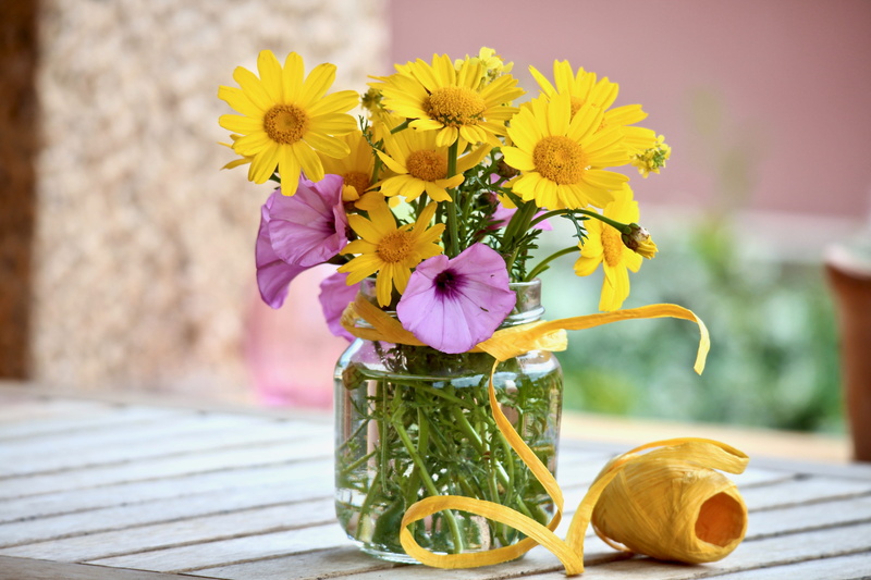 flowering plant, flowers, flower, wildflowers, vase, pink, jar, purple, wood - material, outdoors, freshness, terrace, airtight, summer, nature, plant
