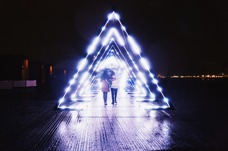 installation, full length, 5K, casual clothing, blue, night, copenhagen, built structure, motion, adult, flow, denmark, illuminated, light, architecture