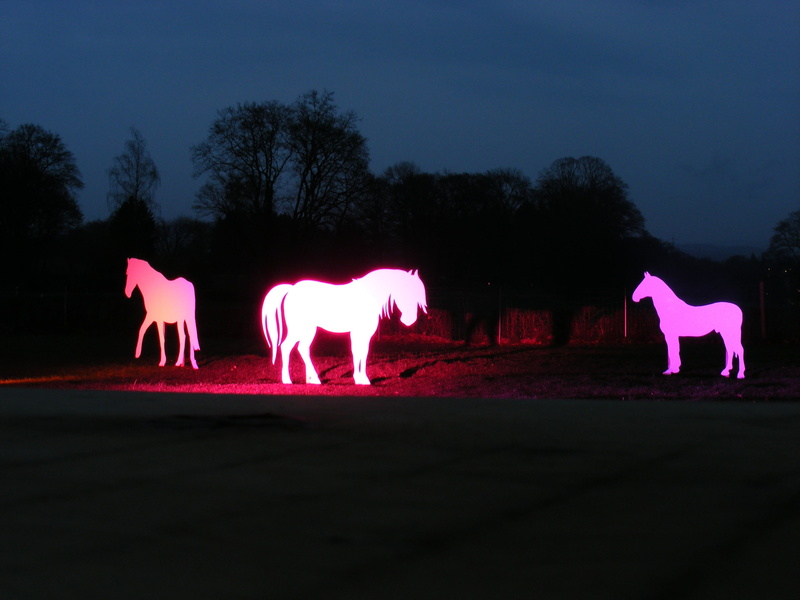 art, animal representation, animal, silhouette, light installation, animal themes, dusk, lighting, silhouettes, outdoors, long exposure, sky, glowing, horses