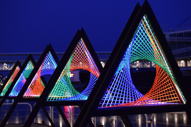travel destinations, pretty, night, architecture, light, outdoors, sky, bridge, string, ontario place, nightlife, shape, installation, design, lights, built structure