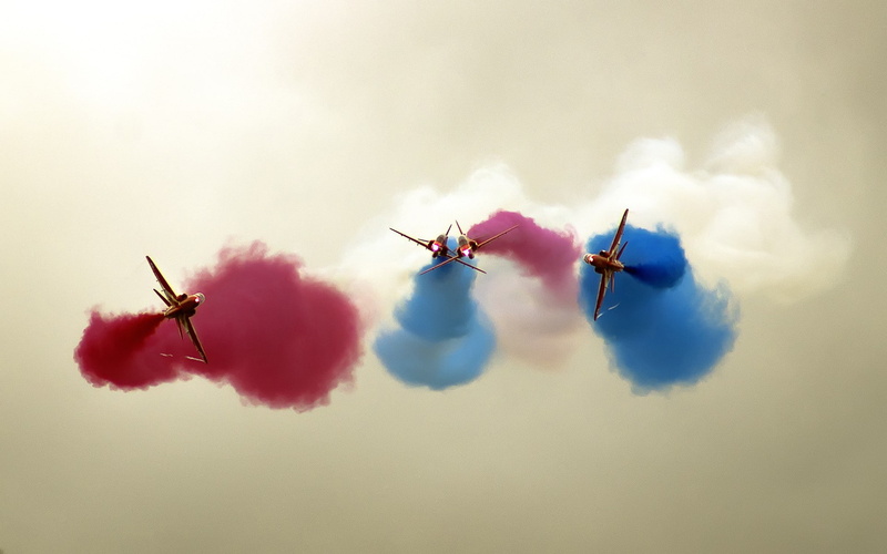 aircraft, airshows, contrails, blue, planes, smoke, vehicle, 1080P, red, white