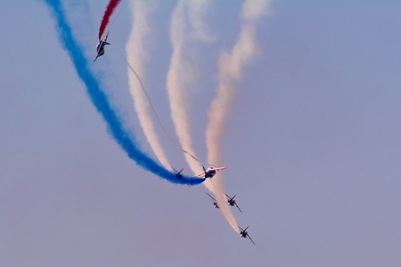 blue, 4K, smoke, airplane, airshows, white, red, aircraft, Patrouille de France