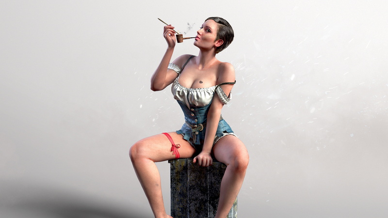 5K, Brothels, holding, blue, Strumpets, woman, dress, shoulder, The Witcher 3, sitting, tobacco, pipe, white, Wild Hunt, 5K