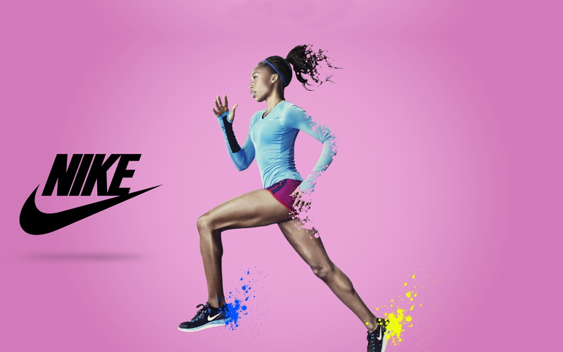 nike, girl, jumping, human body part, indoors, pink color, hair, fashion, full length, brand, one person, running, colored background, human arm, women