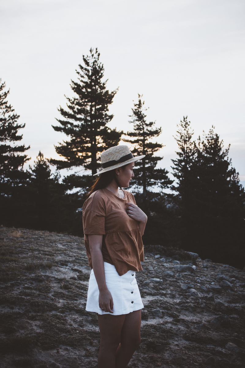 hat, woman, beige, three quarter length, formation, beauty in nature, nature, warm clothing, plant, shirt, one person, short, sunset, sleeved, clothing