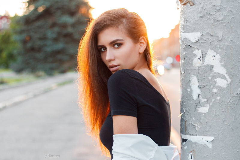 sunlight, black tops, brown eyes, tanned, women, Dim Khokhlov, portrait, 1080P, sunset, face, brunette, women outdoors