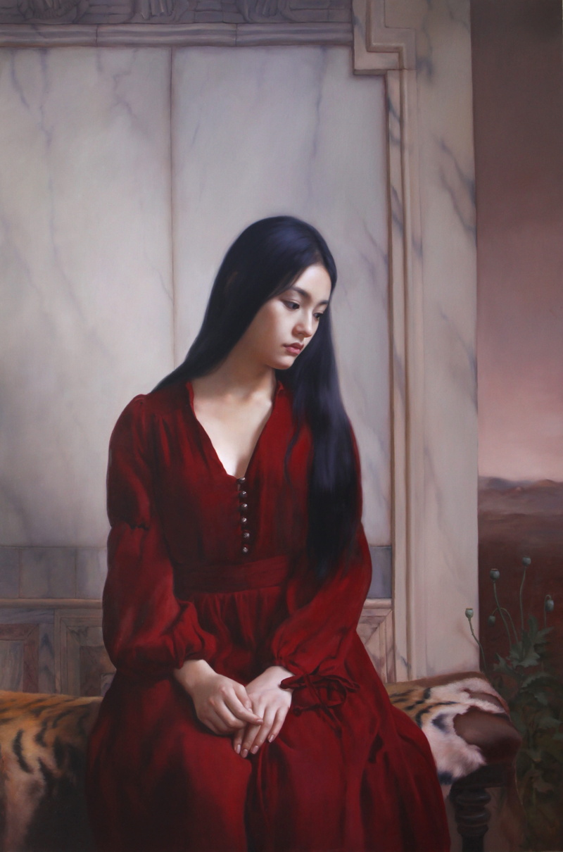 oil painting, red, hairstyle, standing, brown, front view, v, clothing, textile, leisure activity, looking, white, beauty, 4K, dress, hair, young adult
