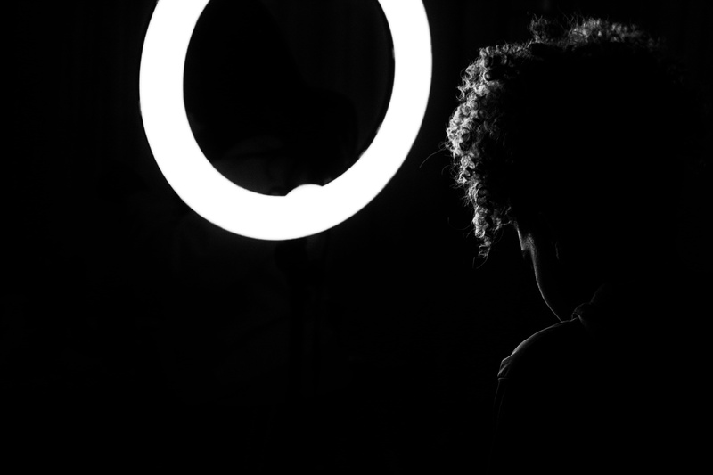 art, looking, headshot, circle, black-and-white, hair, close-up, style, front, night, room, image, illuminated, 5K, sitting, portrait, shape, hairstyle