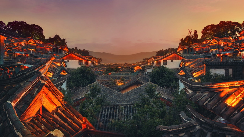 Old, Night, Town, Sky, China, 1080P, Lights, Roof, Mountain