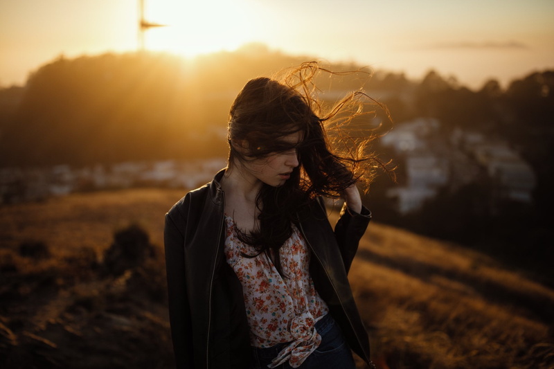 leather jackets, hair in face, Jesse Herzog, women, women outdoors, Raluca Vlad, 1080P, jacket, sunset