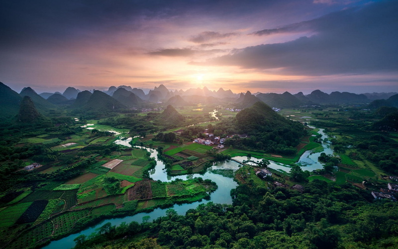 clouds, nature, field, hills, sunset, landscape, green, town, forest, 1080P, valley, offing, river, China