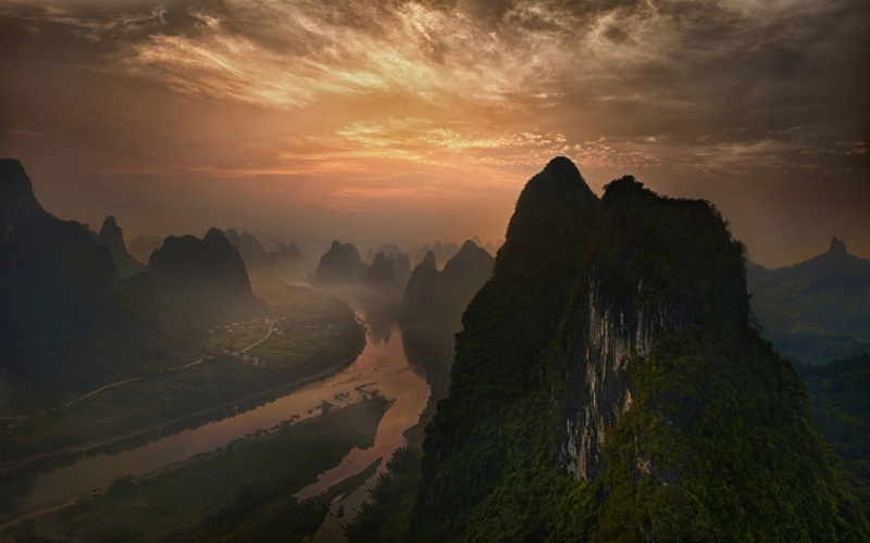 town, 480P, mountains, mist, China, nature, river, clouds, shrubs, landscape, sky