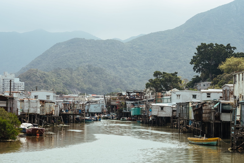 transportation, fishing, tree, poverty, mountain range, plant, residential district, water, building, 5K, built structure, day, mountain, houses, architecture
