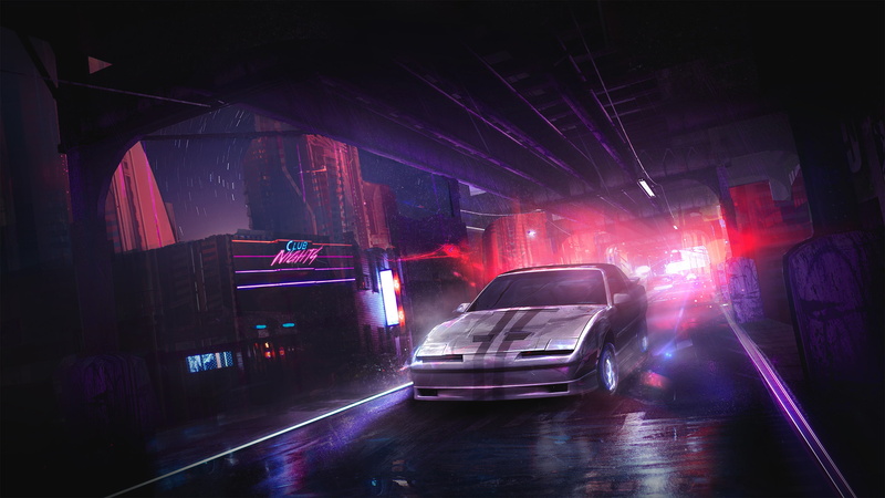 Night club, 2K, Neon lights, Racing car