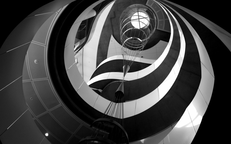 monochrome, hanging, circle, directly below, architecture, lights, 2K, design, black, spiral, lighting equipment, low angle view, indoors, nature, geometric shape