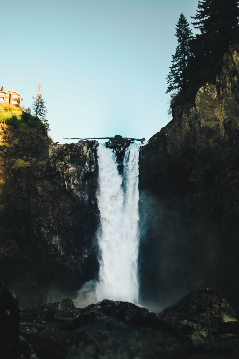 falling water, power in nature, park, waterfall, trees, clear sky, water, 5K, blurred motion, flowing water, nature, motion, land, sky, rock - object