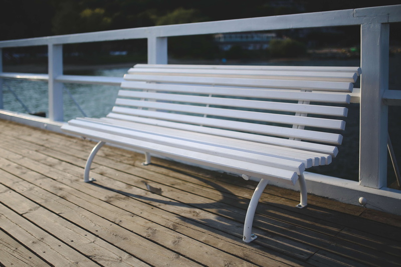absence, metal, day, railing, white paint, wood - material, 4K, architecture, seat, pattern, bench, deck chair, nature, outdoors, floorboard, pier, molo