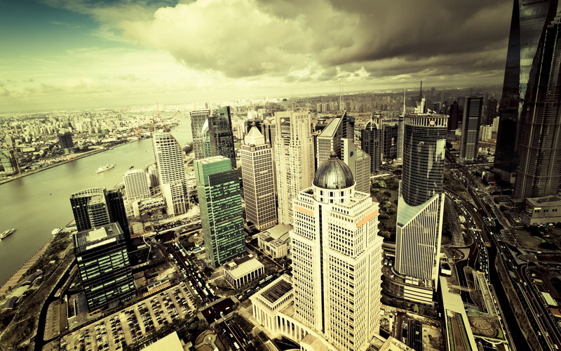 aerial view, Shanghai, building, clouds, residential district, built structure, river, cloud - sky, 2K, office, modern, crowd, city, crowded, high angle view