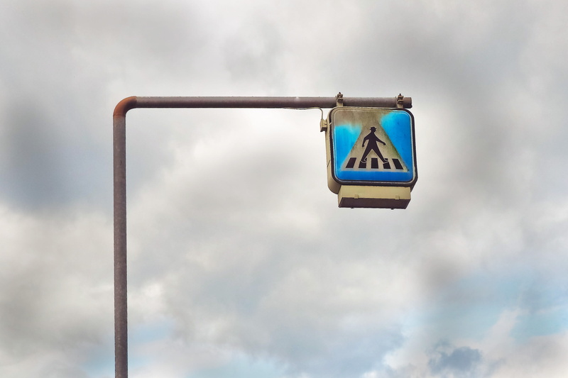 caution, day, rain clouds, low angle view, characters, crosswalk, shield, road sign, old, information boards, overcast, pole, sign, dirty, 2K, outdoors