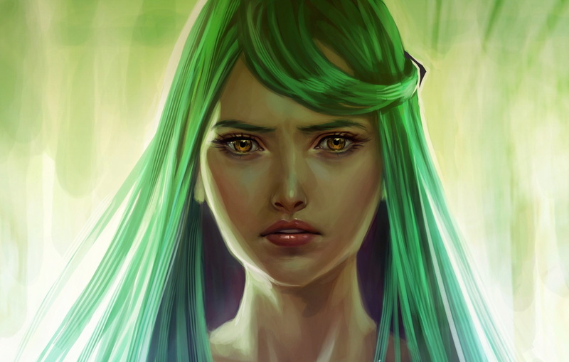 games, artwork, green hair, yellow, final, x, yellow eyes, eyes, 2K, face, hd, px, women, hair, 2685x1707 px, video, art, green, fantasy