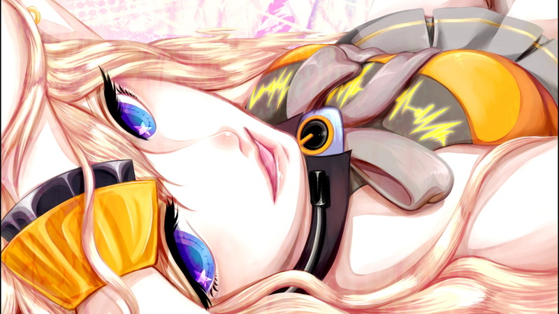 hd, lying, hair, skirts, blondes, raised, stars, eyes, mouth, Blue Eyes, bows, seeu, long hair, blue, 2K, long, arms, space, open, art, faces, vocaloid