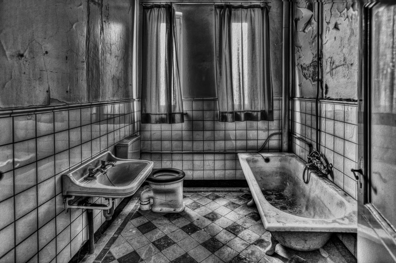 built structure, bathroom, indoors, domestic bathroom, bathtub, decline, day, abandoned, toilet bowl, window, 1080P, no people, old, sketch, black and white