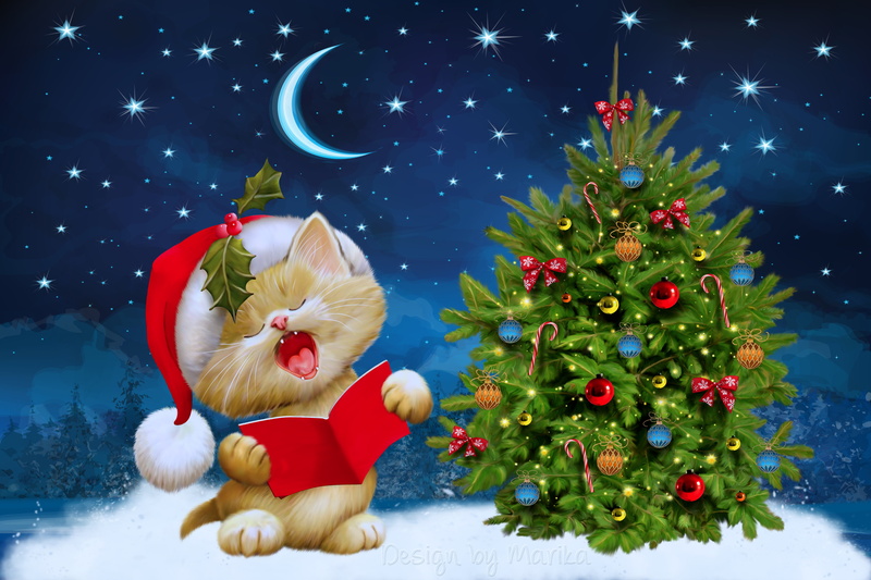 the moon, Christmas eve, 4K, kitten, stars, kitty, Christmas, tree, New Year, night, winter, santa, Design by Marika, Merry, snow