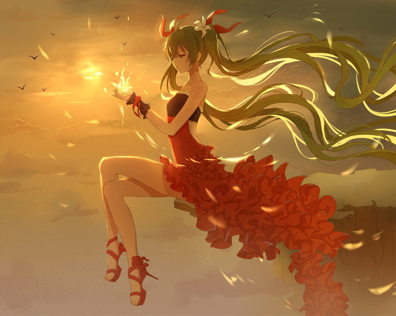 ribbon, 720P, birds, anime, art and craft, one person, indoors, orange color, Vocaloid, flame, flower in hair, water, twintails, Hatsune Miku, creativity