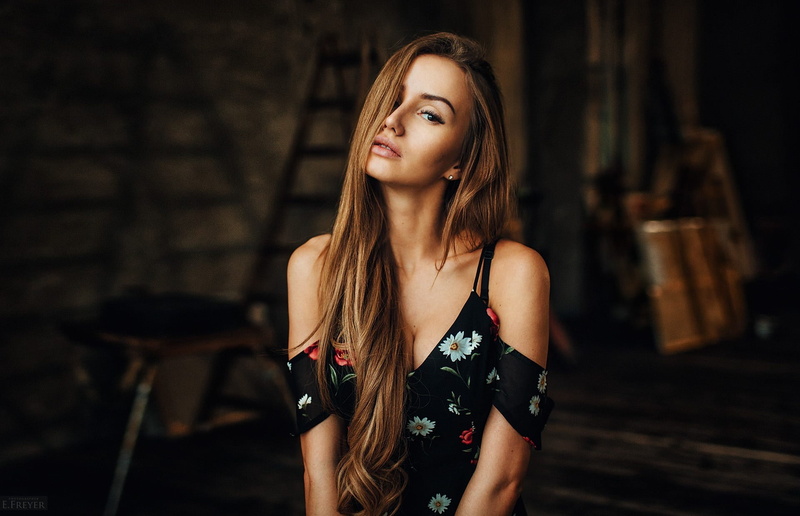 hair over one eye, Evgeny Freyer, women, looking at viewer, dress, bare shoulders, brunette, straight hair, earring, jewelry, Flower Dress, cleavage, Valentina Grishko
