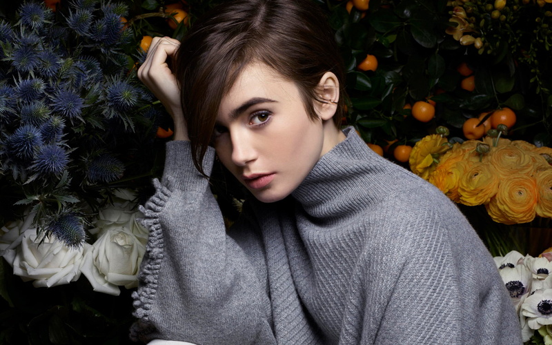 flowers, hair over one eye, actress, 2K, model, Lily Collins, curtains, women, short hair