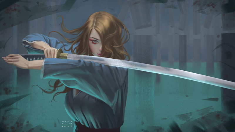 Mars Foong, samurai, ArtStation, 1080P, katana, ultrawide, drawing, sword, hair over one eye, digital art, artwork
