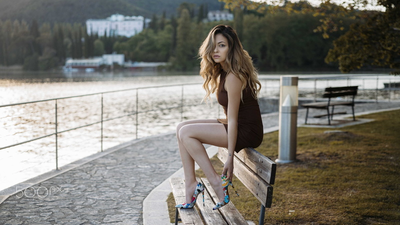 hair over one eye, bench, depth of field, dress, water, Ombre Hair, shoes, Nicola Davide Furnari, eyeliner, 1080P, women