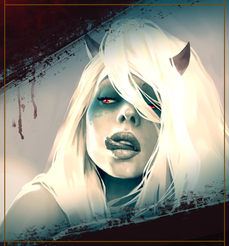 tongue out, portrait, digital art, looking at the side, blonde, hair in face, white hair, artwork, face, 1080P, drawing, looking away, women, vampires