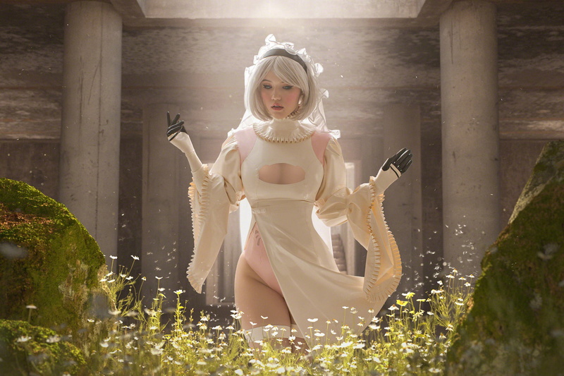 women, parted lips, 2B, short hair, model, 2B (Nier: Automata), Nier: Automata, white hair, gloves, video game girls, wedding dress, 1080P, video games