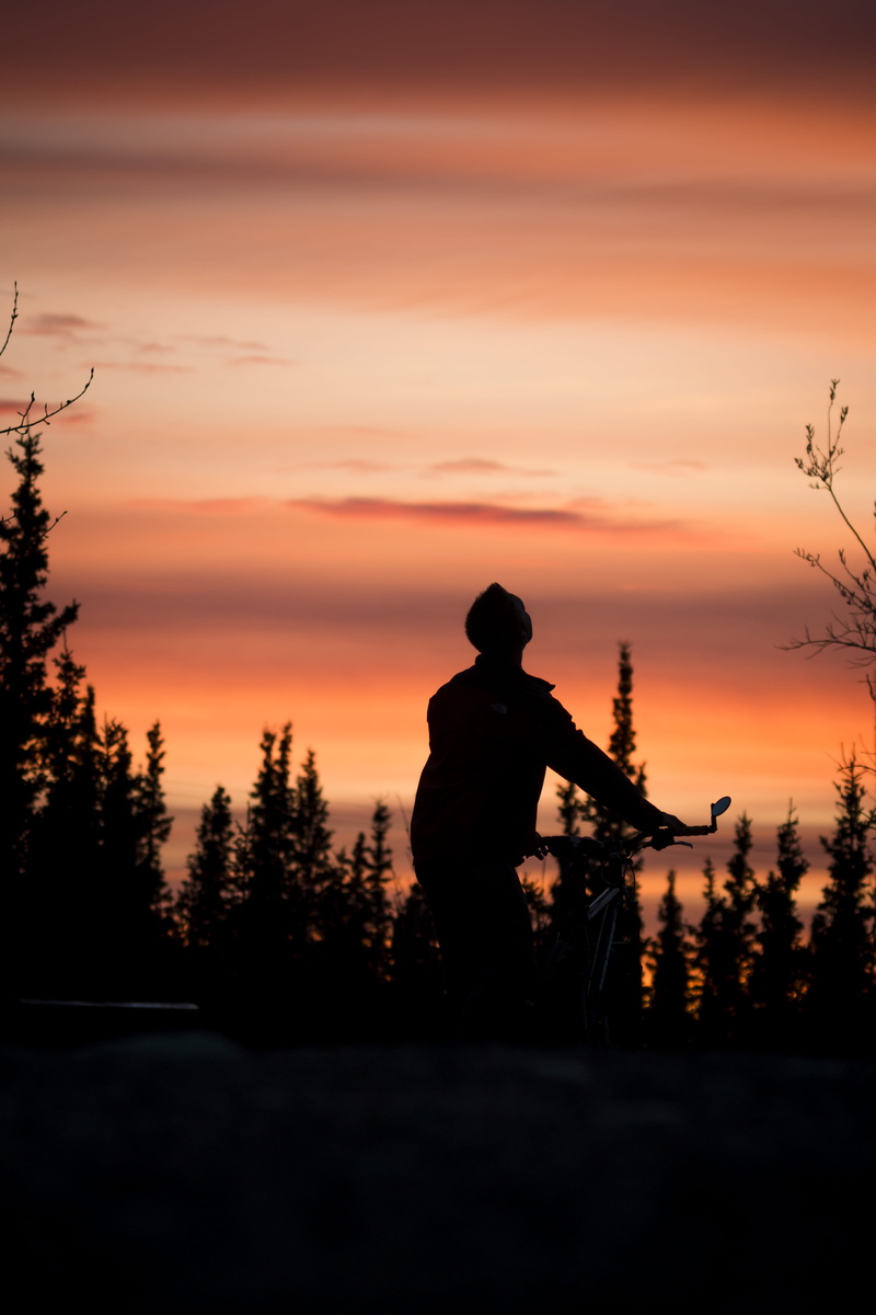 4K, one person, black, tranquility, outdoors, bike, scenics - nature, gradient, real people, forest, orange color, orange, shiloett, sky, silhouette, hour