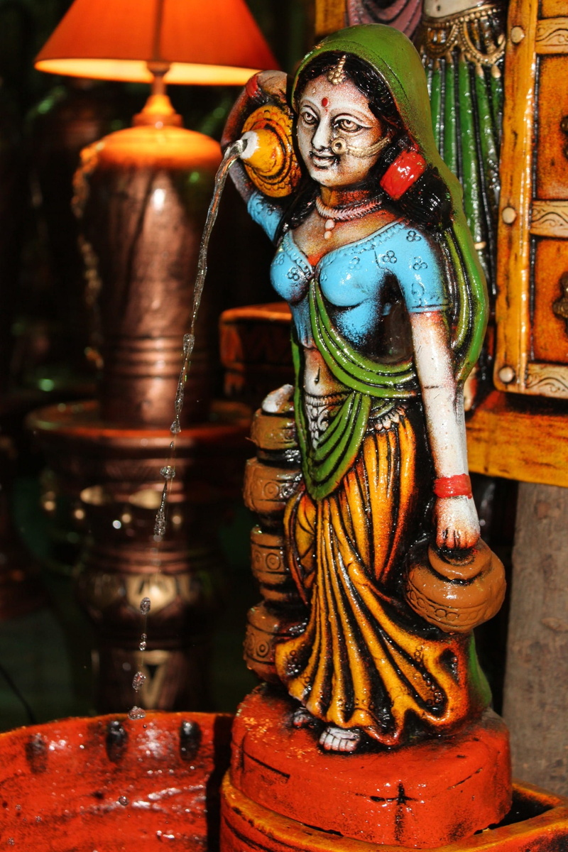 spirituality, religion, sculpture, no people, creativity, fountain, statue, belief, blue, representation, brown, traditional, ceramic, woman, water, colorful