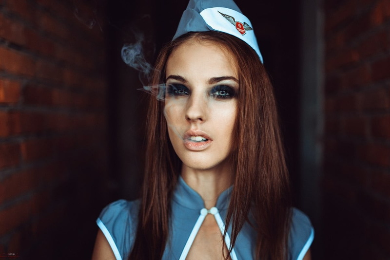 smoke, fashion, wearing, young women, beauty, redhead, looking at camera, long hair, woman, blue, Alla Berger, adult, 480P, hat, hair, model, young adult