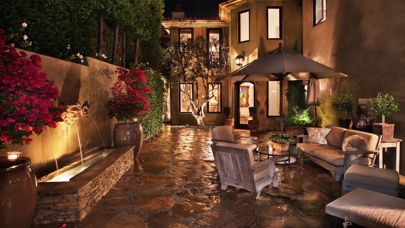 lights, courtyard, terrace, nature and landscapes, fountain, luxurious, house, amazing, seating, 1080P, stone floor