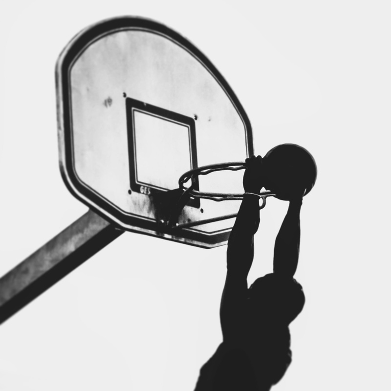 sky, photography, black and white, one person, studio shot, dunk, leisure activity, man, men, baller, holding, basketball hoop, dunking, silhouette, basketball - sport