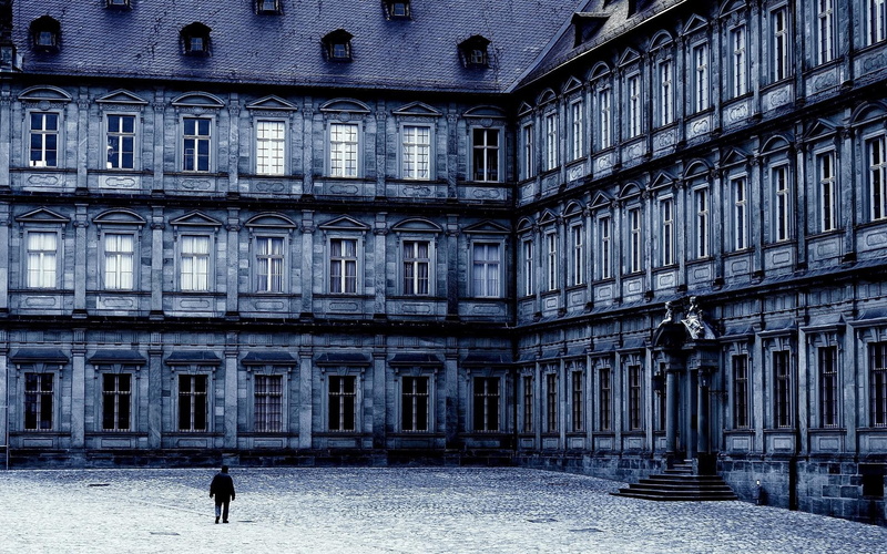 cobblestones, place, courtyard, 1080P, monochrome, nature and landscapes, palace