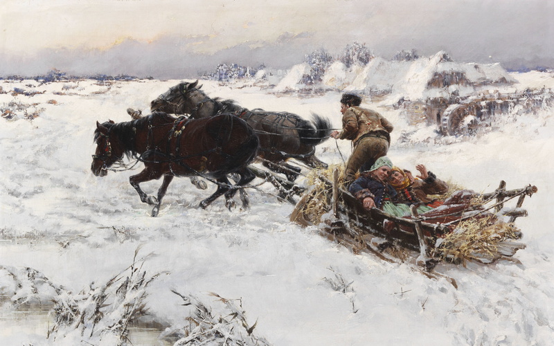 1890, oil on canvas, Czech painter, Jaroslav Veshin, Merry sleigh ride, Jaroslav Vesín, Funny sleigh ride, 4K, Jaroslav Frantisek Julius Vesín, Jaroslav