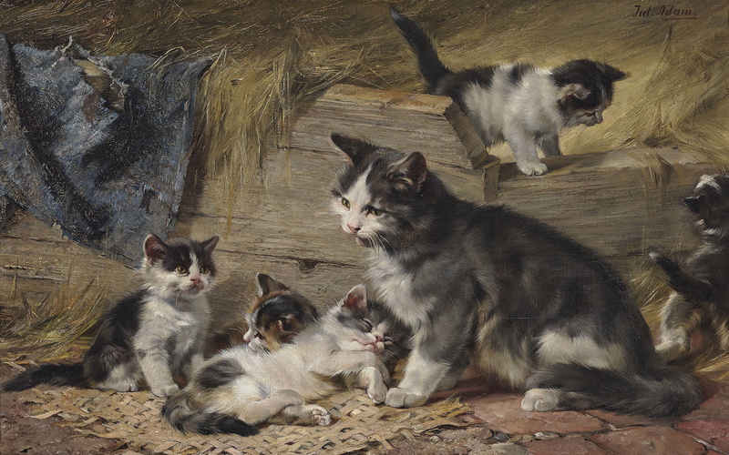 Mother Cat with Five Kittens, Julius Anton Adam, German painter, oil on canvas, 4K