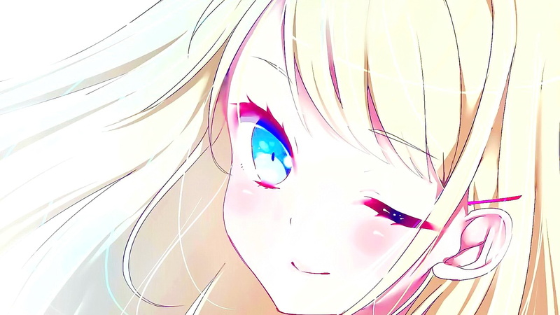 1080P, smiling, blonde, looking at viewer, white background, anime, long hair, Kin-Iro Mosaic, Kujou Karen, blue eyes, wink, anime girls