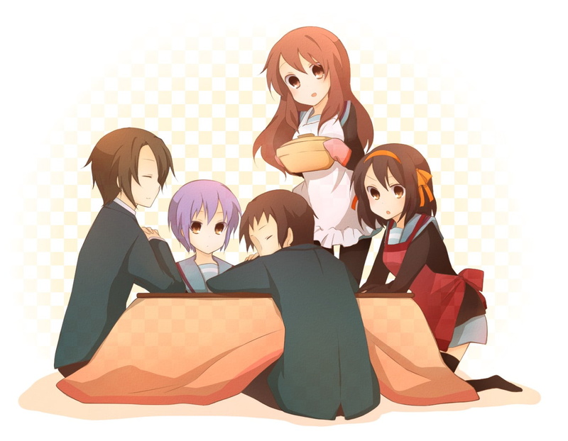 full length, Nagato Yuki, Suzumiya Haruhi, child, childhood, auto post production filter, Asahina Mikuru, Kyon, indoors, The Melancholy of Haruhi Suzumiya